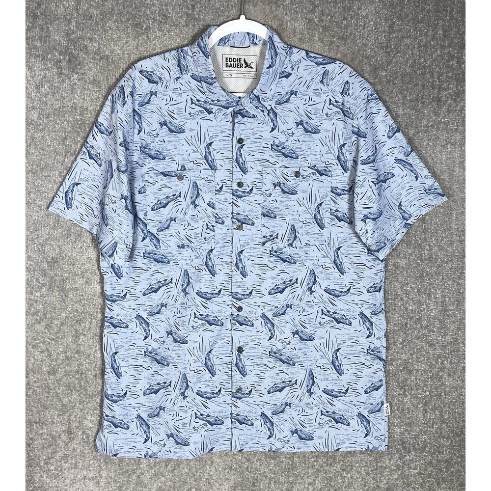 Eddie Bauer All Over Fish Print Button Up Shirt Mens Sz Large Tall Blue Pockets